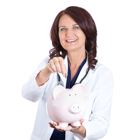 A lady adding money to a piggy bank