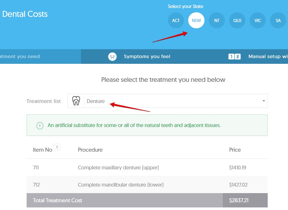 Dental cost calculator and average denture costs for NSW