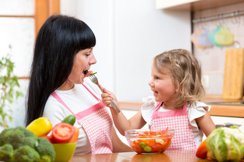 A child eating a healthy meal with her mum