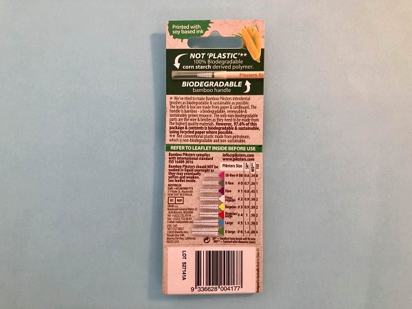 The rear of the package of Bamboo Interdental Brushes by Piksters