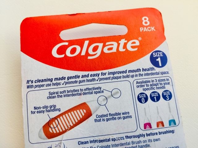 The back of the packaging colgate interdental brushes