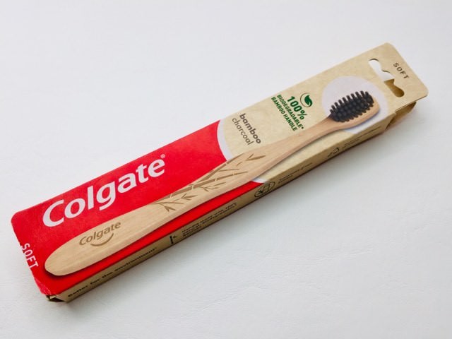 Front of the packaging of the Colgate Bamboo Charcoal toothbrush