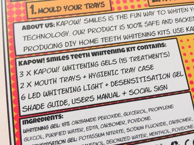 An image of the Ingredients inside the Kapow Smiles Teeth Whitening Kit