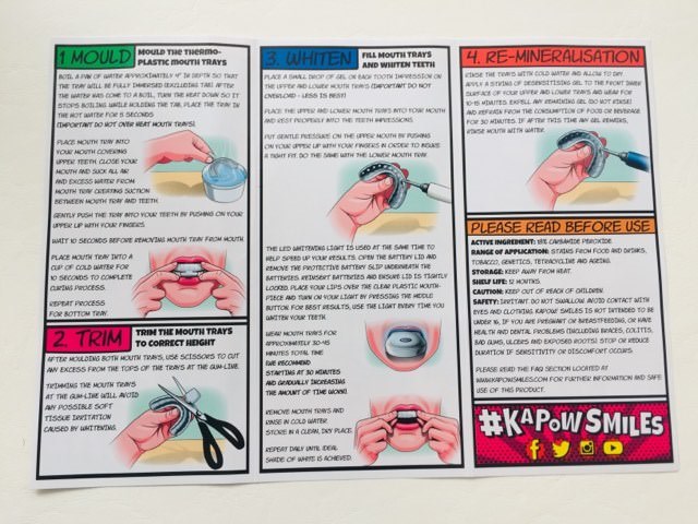 All the instructions and directions in the kapow smiles whiteninig kit user manual