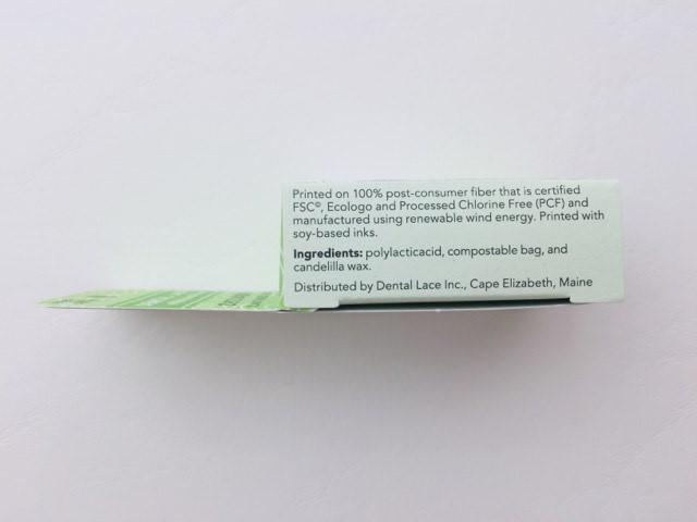 Dental Lace vegan floss Information and ingredients on the side of the pack