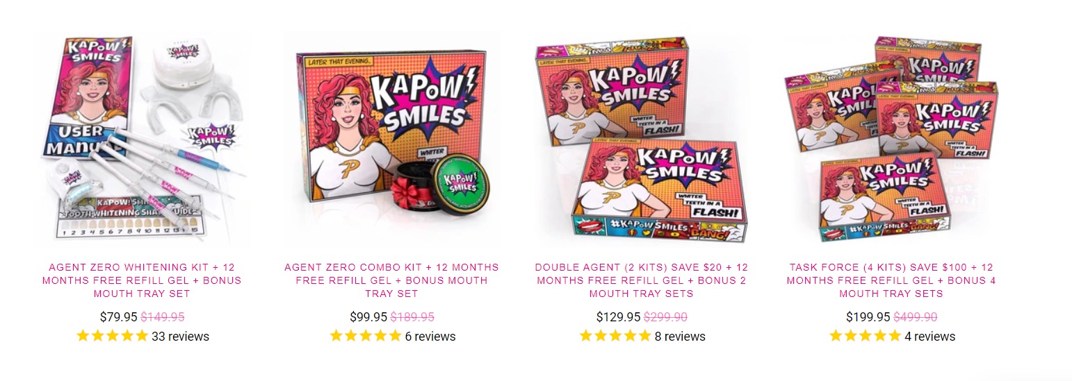 4 options of Kapow Smiles teeth whitening kits