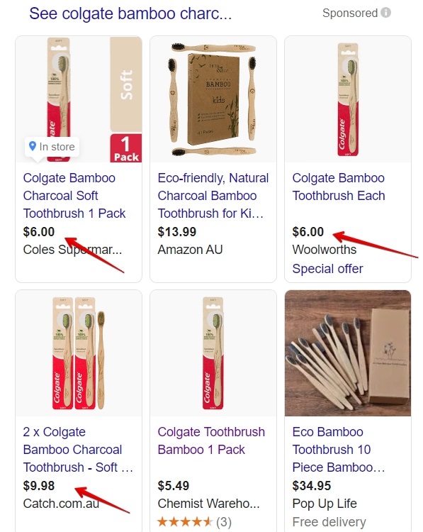 Google shopping pricing for the colgate bamboo charcoal toothbrush