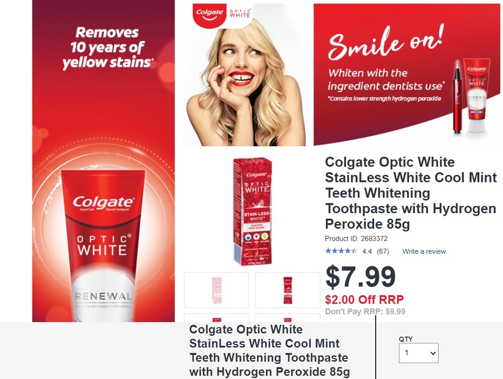 Colgate Optic White StainLess White Cool Mint Teeth Whitening Toothpaste with Hydrogen Peroxide 85g screenshot from Chemist Warehouse