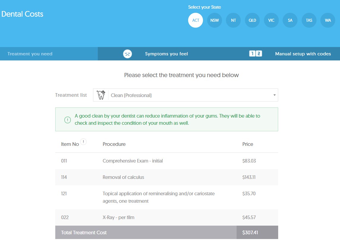 Dental cost Calculator Average cost of a dental clean in the ACT