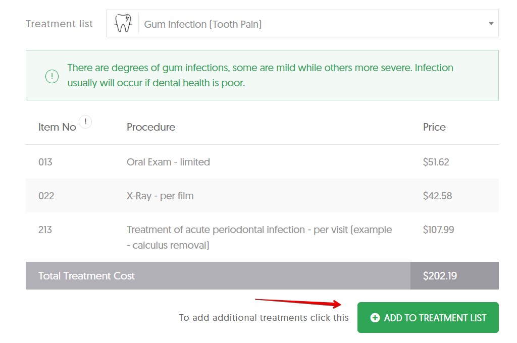 Dental Cost Calculator add to treatment list