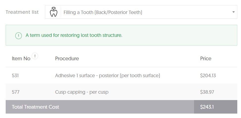 ACT Dental Cost filling back teeth