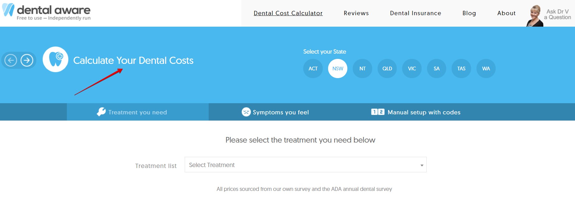 A screenshot of the dental aware dental cost calculator