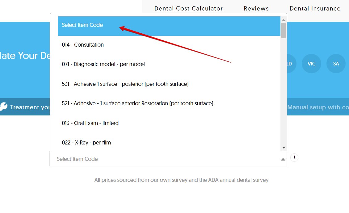 Dental item codes on the dental cost calculator