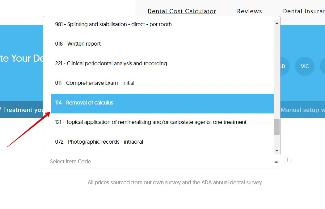 Dental item code 114 removal of calculus