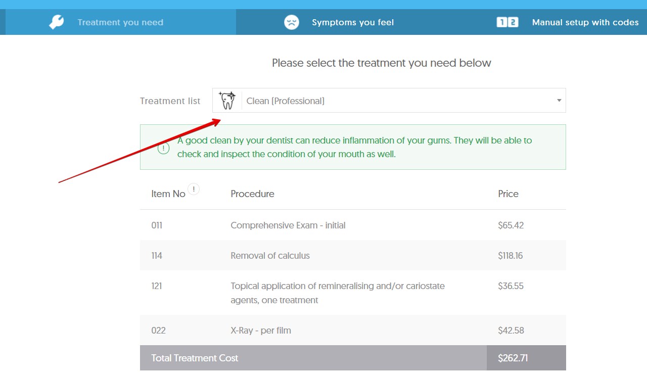 NSW professional clean selected on the treatment list dental aware cost calculator