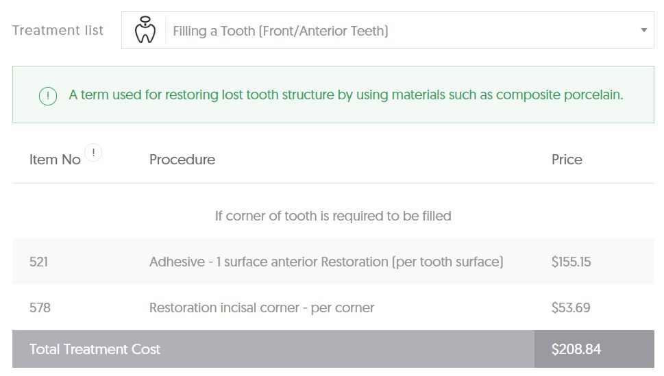 NT Dental Filling Average Cost - Front Tooth