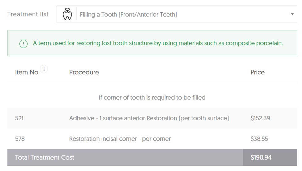 QLD Dental Filling Average Cost - Front Tooth