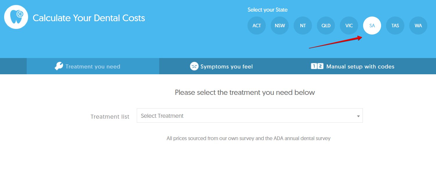 Selecting state on the dental cost calculator SA