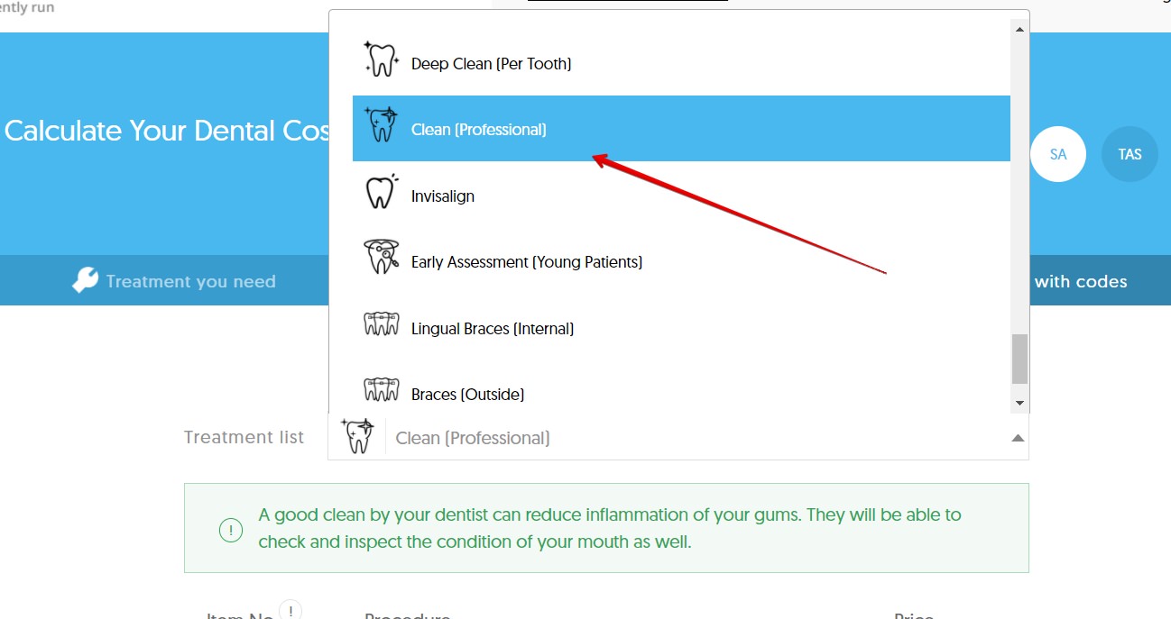 Selecting a treatment on the dental cost calculator