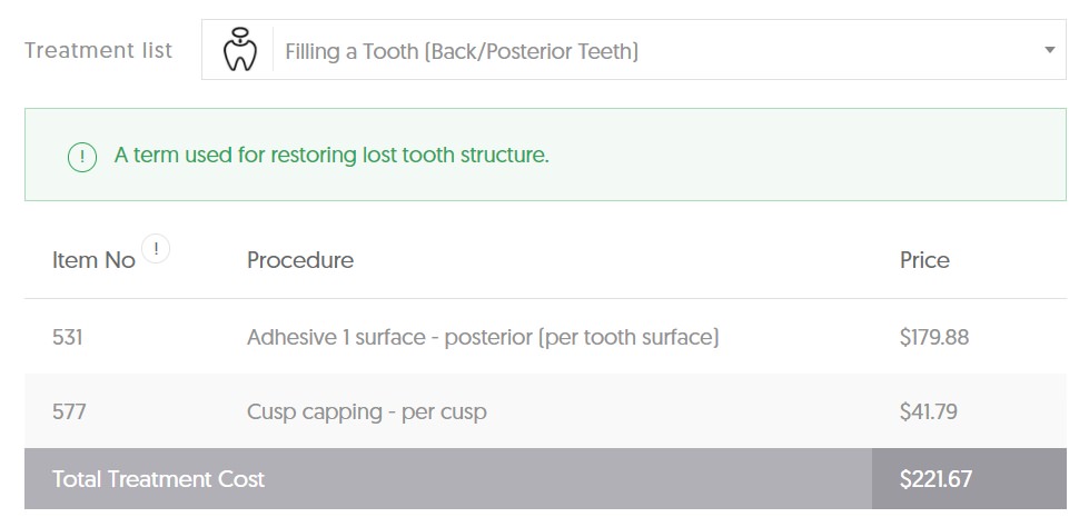 TAS Dental Filling Average Cost - Back/Posterior Teeth