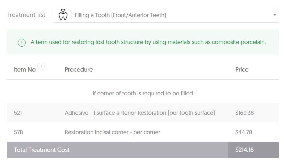 TAS Dental Filling Average Cost - Front Tooth