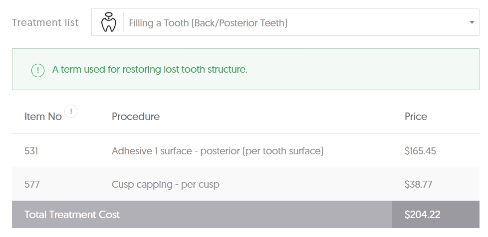 VIC Dental Filling Average Cost - Back/Posterior Teeth