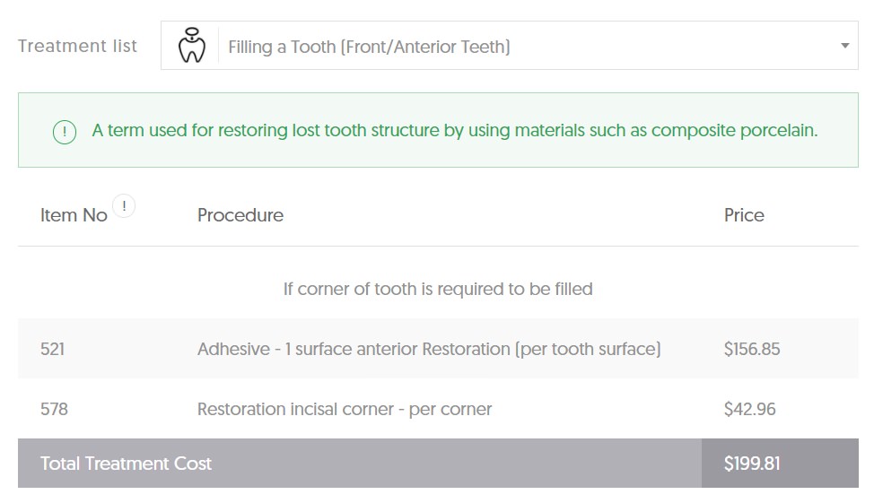 VIC Dental Filling Average Cost - Front Tooth