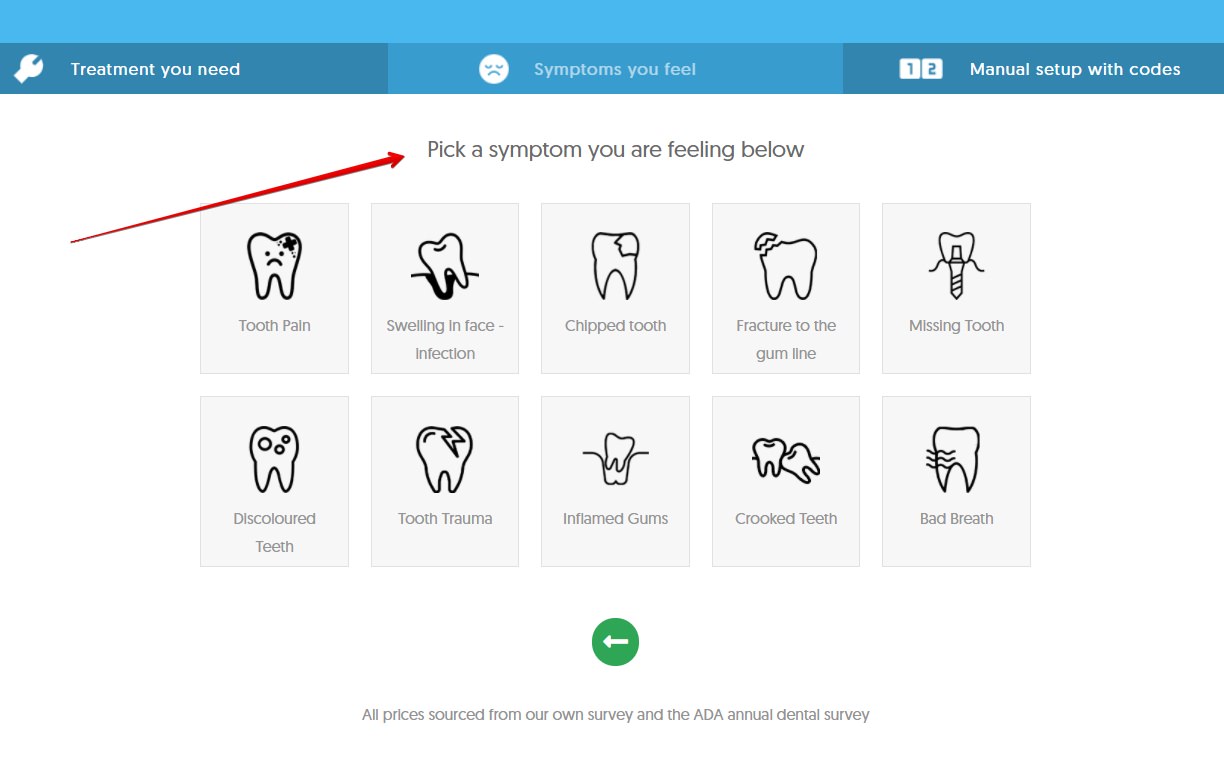 Select a sympton on the dental aware cost calculator