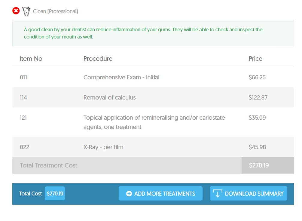 The dental cost summary on the Dental Aware calculator