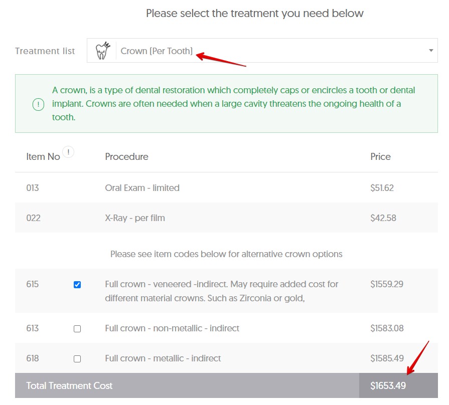 Average cost of a crown in NSW dental cost calculator