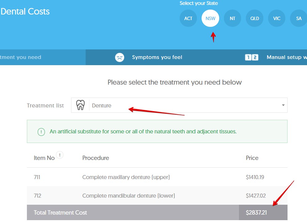 Dental Cost Calculator average cost of dentures in NSW