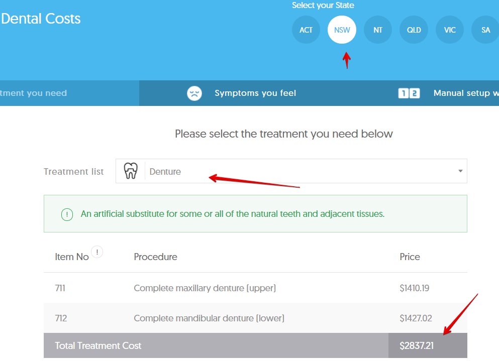 Dental Cost Calculator average cost of dentures in NSW