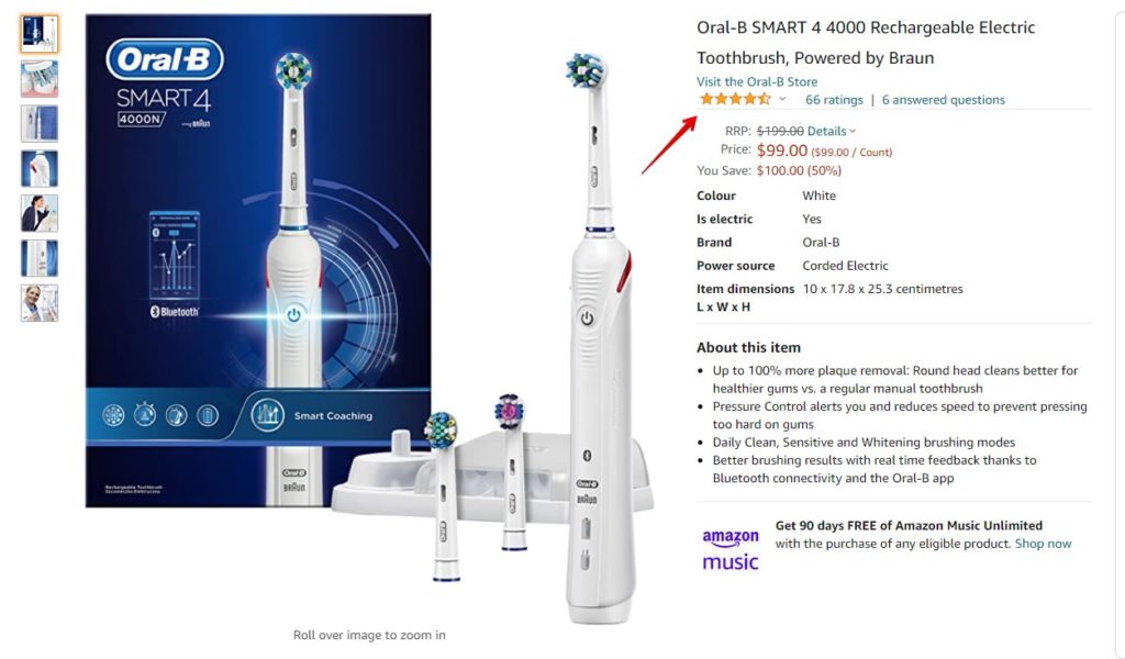 Amazon review screen shot of the Oral b Smart 4000 Electric Toothbrush