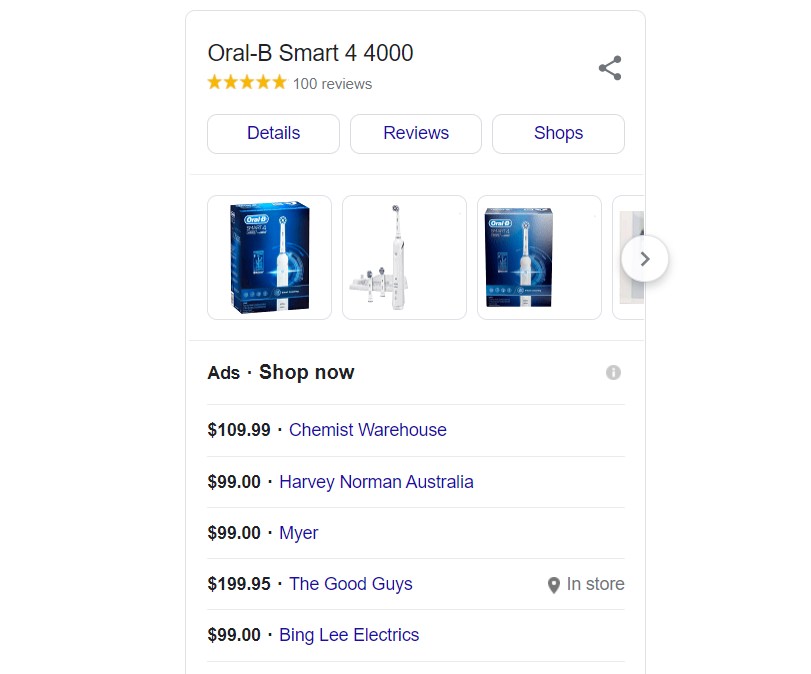 A list of some of the places to purchase a Smart 4000 Electric toothbrush on google shopping