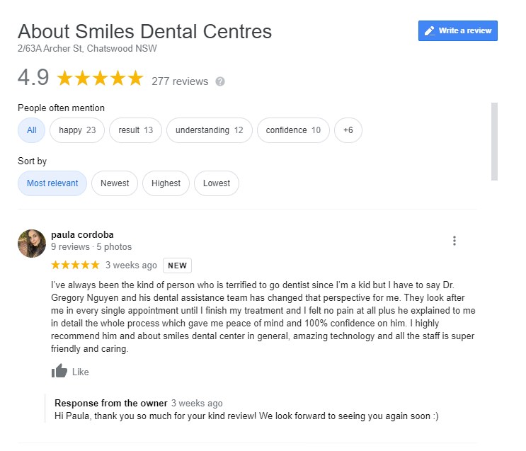 A 5 star review for About Smiles - Source Google.