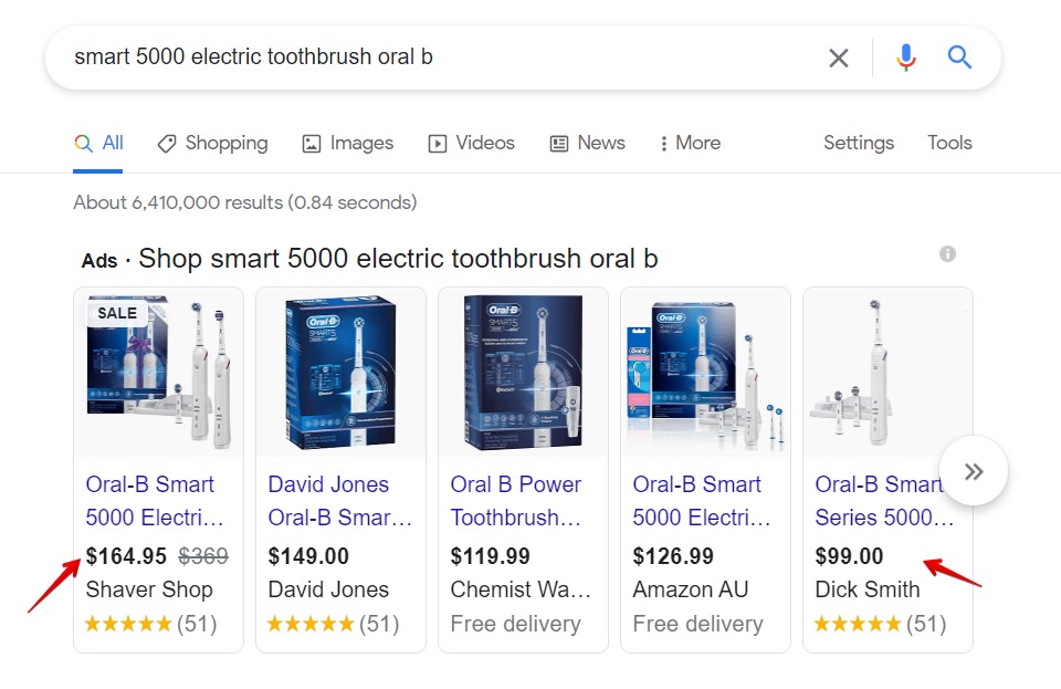 Prices on Google of the Smart 500 Electric Toothbrush