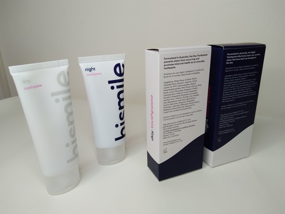HiSmiles day and night toothpaste tubes with packaging