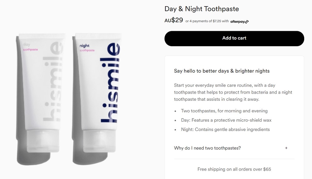 HiSmiles new Day and Night Toothpaste screenshot of product price and information