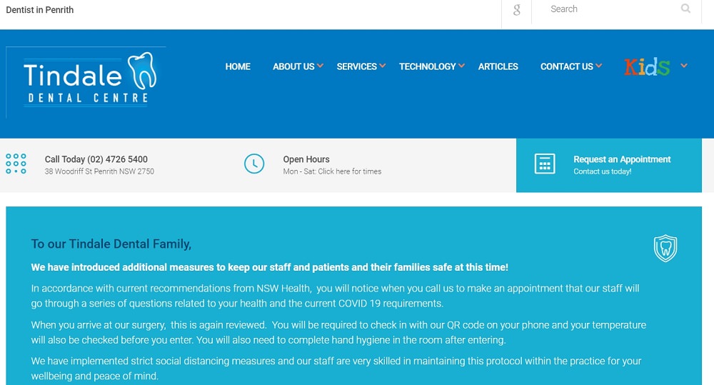 Tindale Dental centre website screenshot