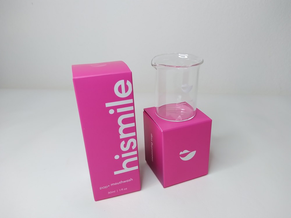 Hismile PAP mouthwash and measuring cup
